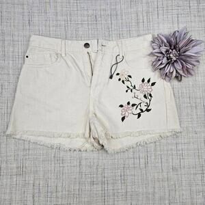 Zara Floral Embroidered Cream-White Denim Shorts‎ Size 6